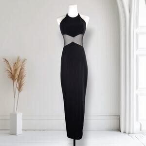 Michi Cutout Halter Maxi Dress Black Mesh Panel Bodycon Slit XS